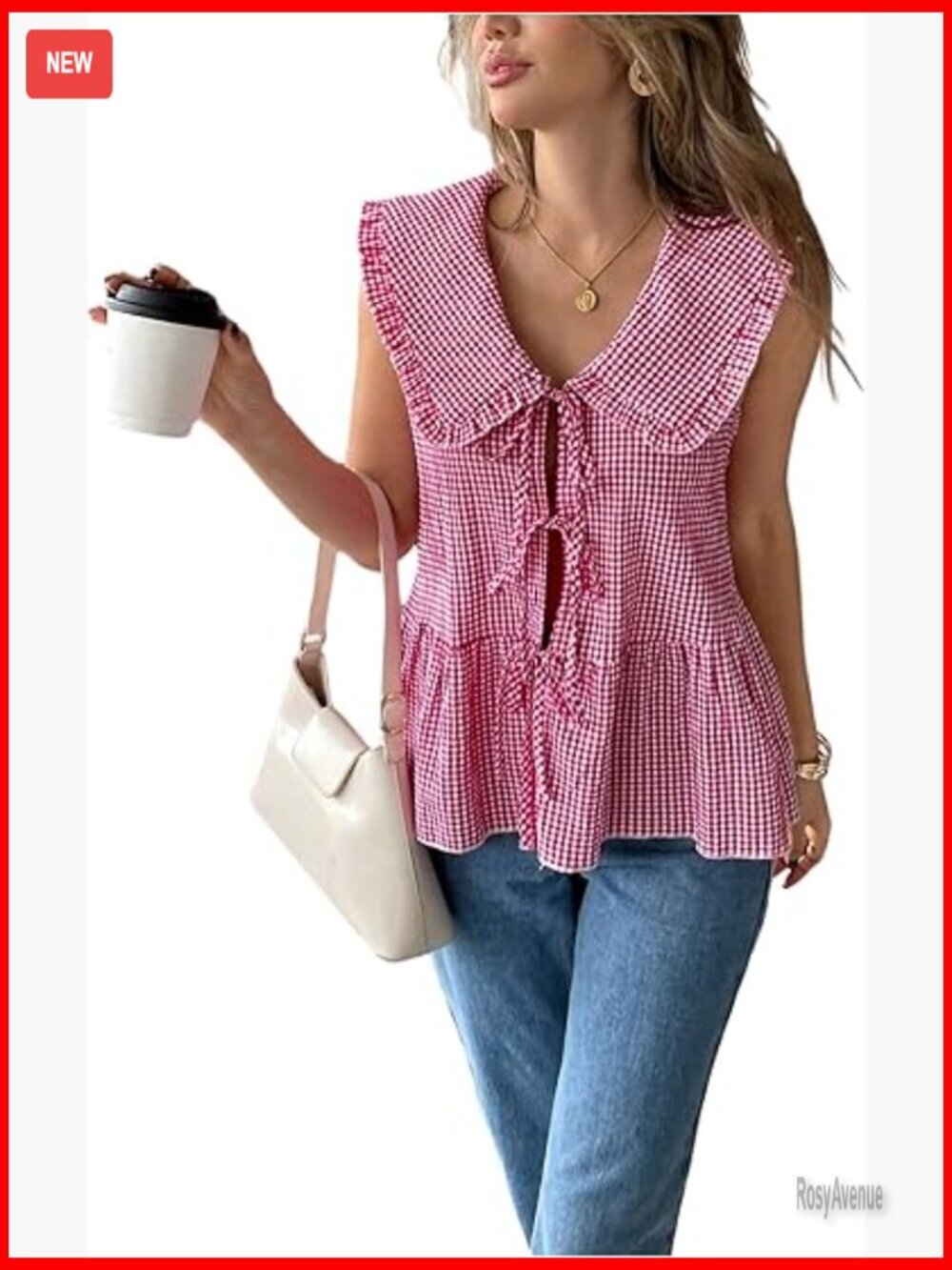 Sleeveless Gingham Peplum Top with Collared Neck and Ruffle Trim
